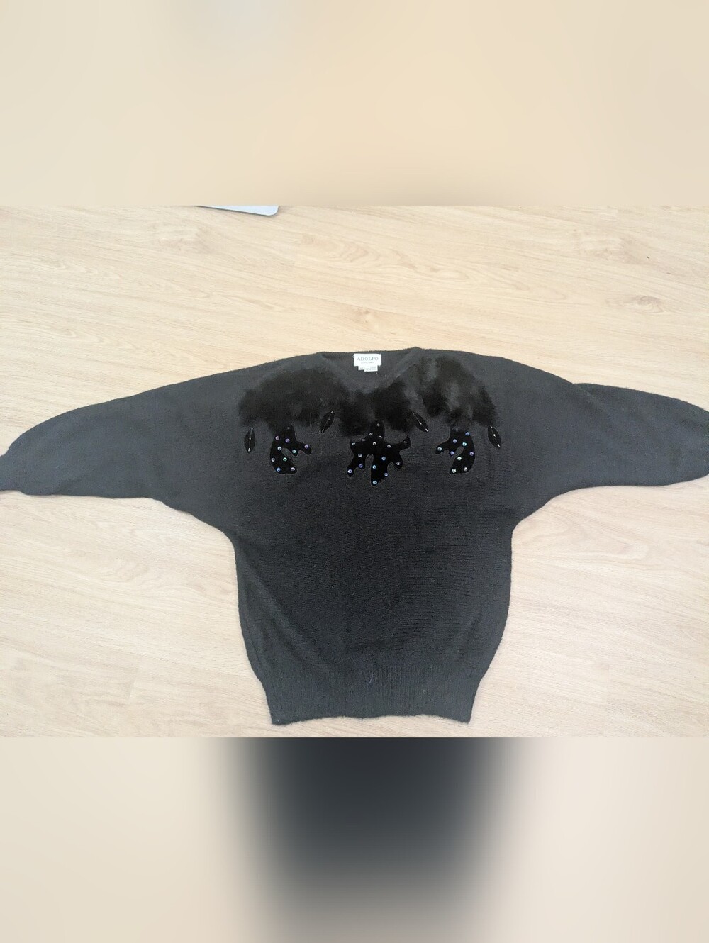 Adolfo Collectibles Black M/L Genuine Vintage 1980s Sweater W/ Fur & Sequin Trim